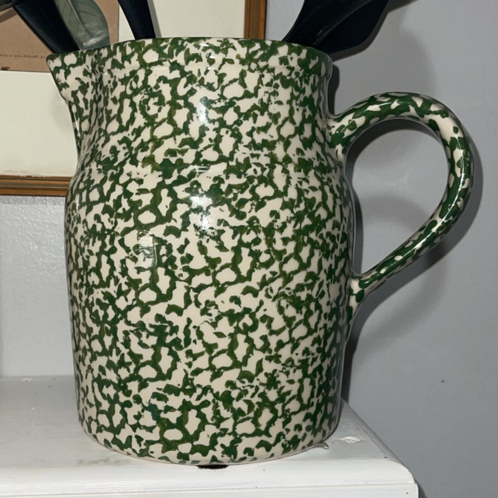 Gerald E. Henn Workshops Green Spongeware Pottery Pitcher. 
